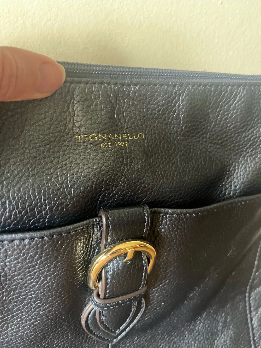 Tignanello Leather Metallic Dark Blue Crossbody with Gold Accents